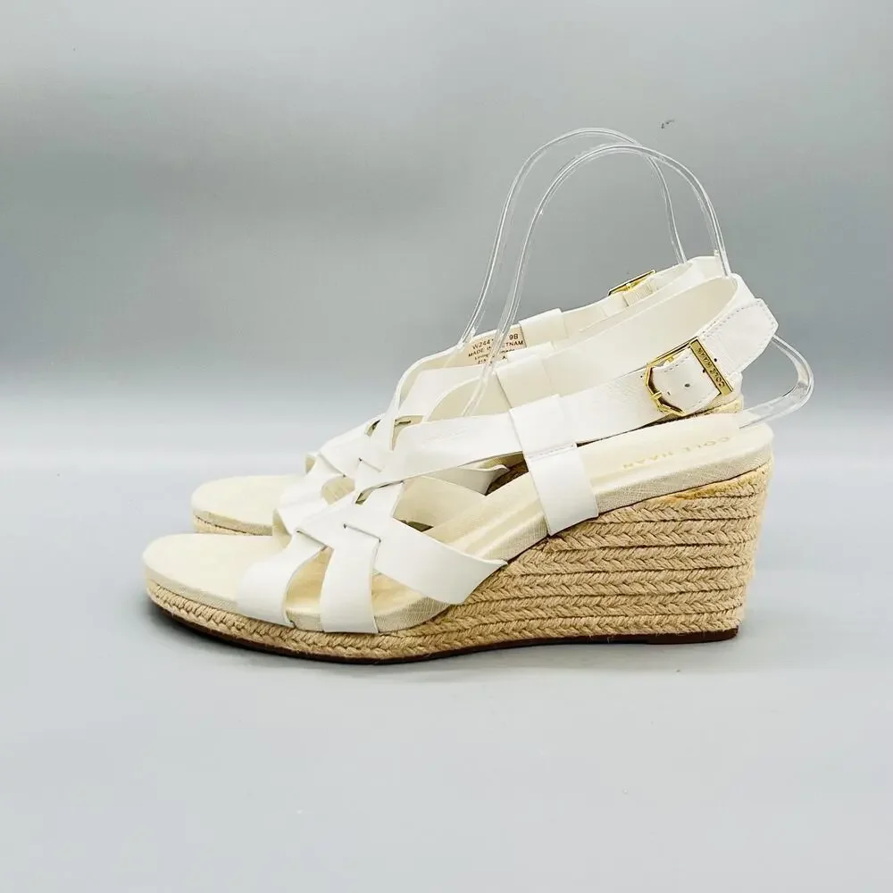Cole Haan Sandals Women 9 White Leather Strappy Slingback Espadrille Wedge Shoes